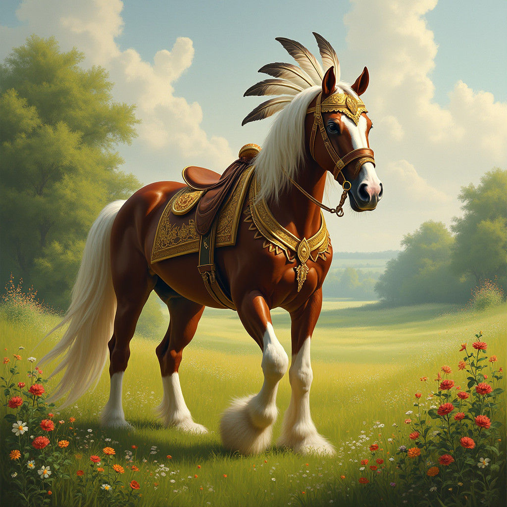 Majestic Clydesdale Horse in Emerald Meadow