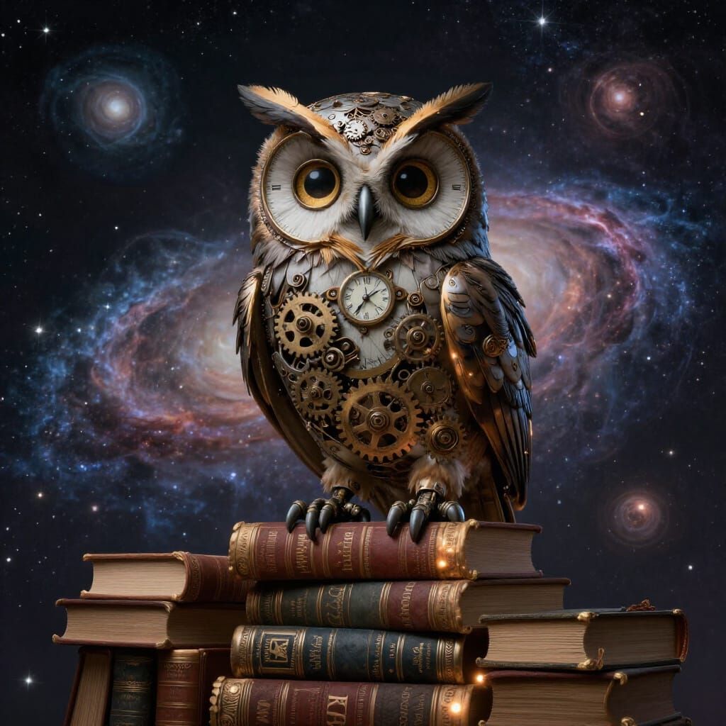 Clockwork Owl on Celestial Bookshelf, Victorian Steampunk Ar...