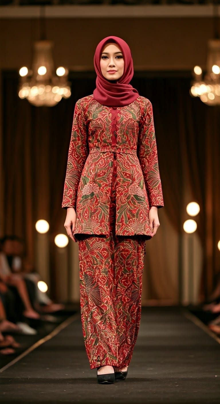 Elegant Asian Woman on Catwalk in Maroon Batik