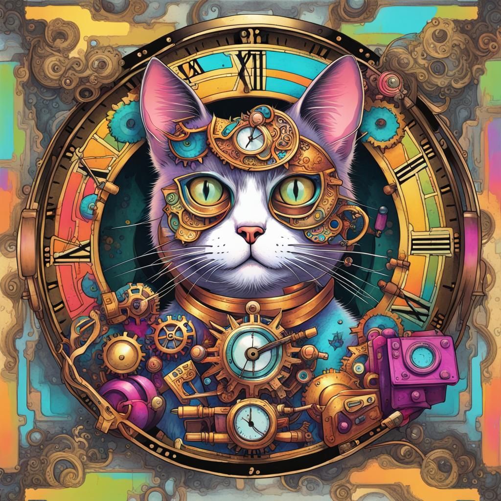 Clockpunk Cat with Intricate Details and Colors