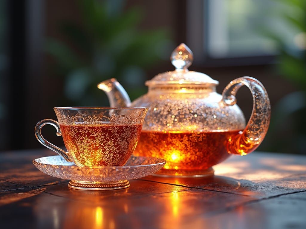 Vibrant Glass Teapot Radiates Light with Intricate Golden De...