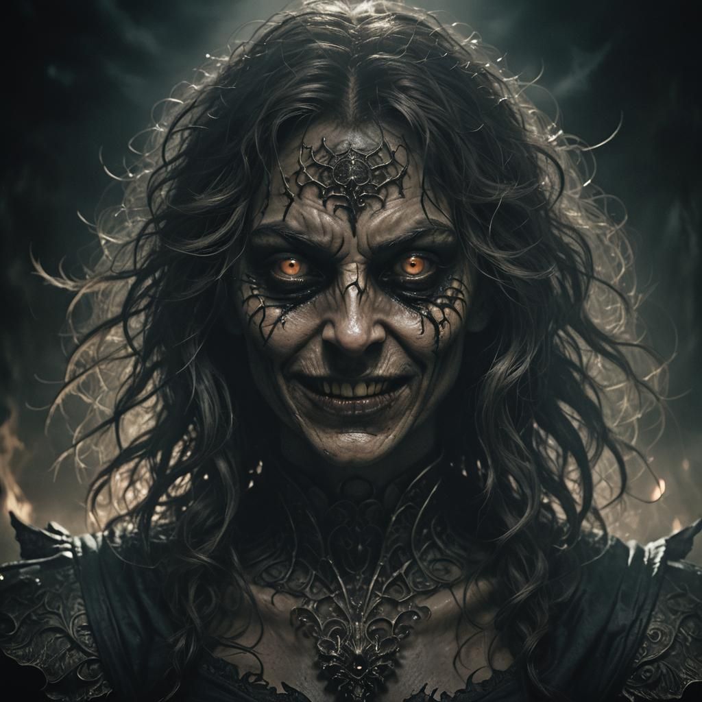 Eerie Dark Fantasy Portrait with Sadistic Smile