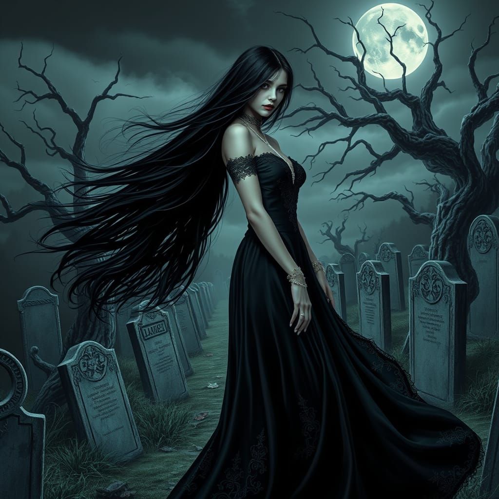 Gothic Beauty in Graveyard, Surreal Ethereal Scene
