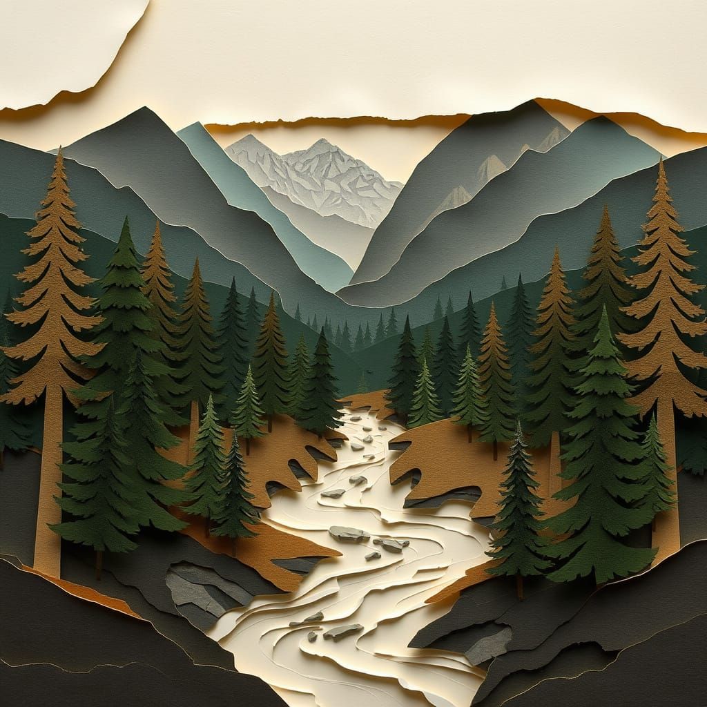 Papercut Forest Landscape in Collage Style
