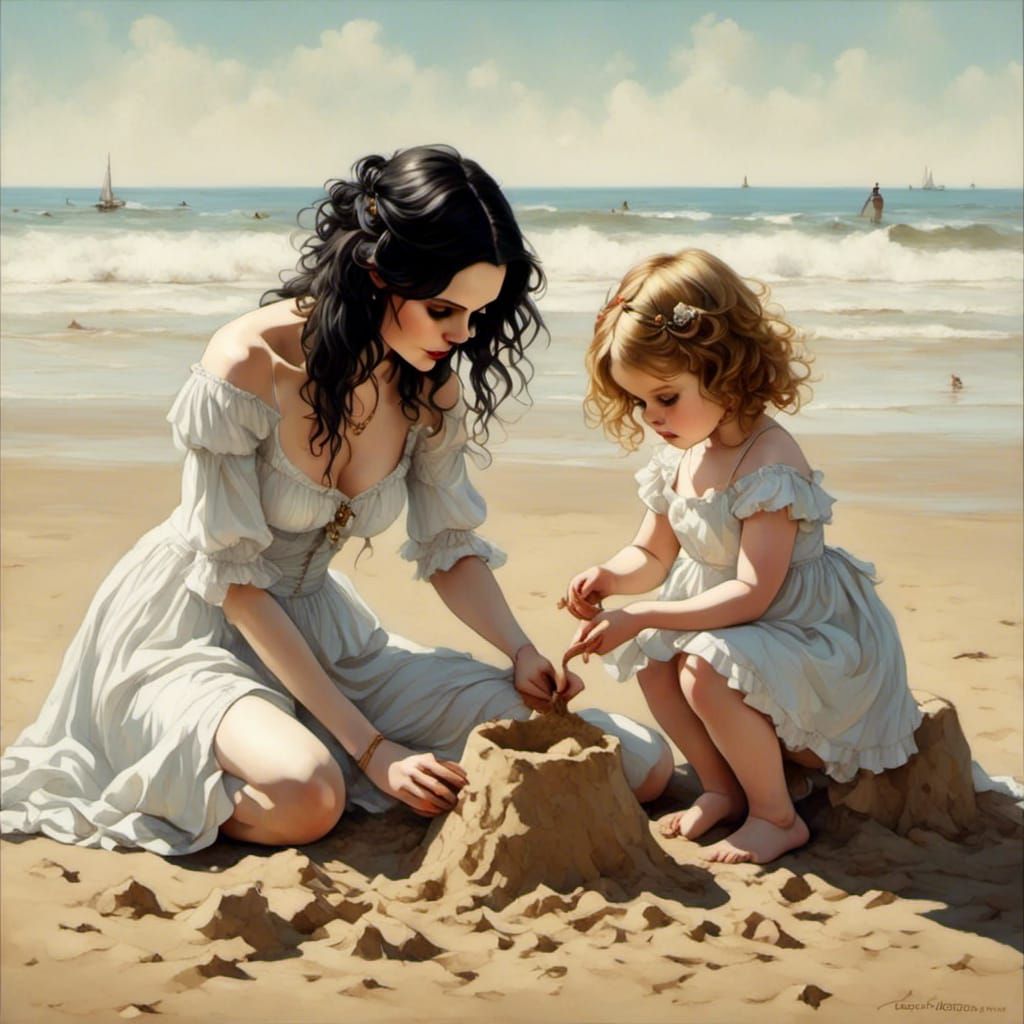 Mother and Daughter Building Sandcastle on Beach