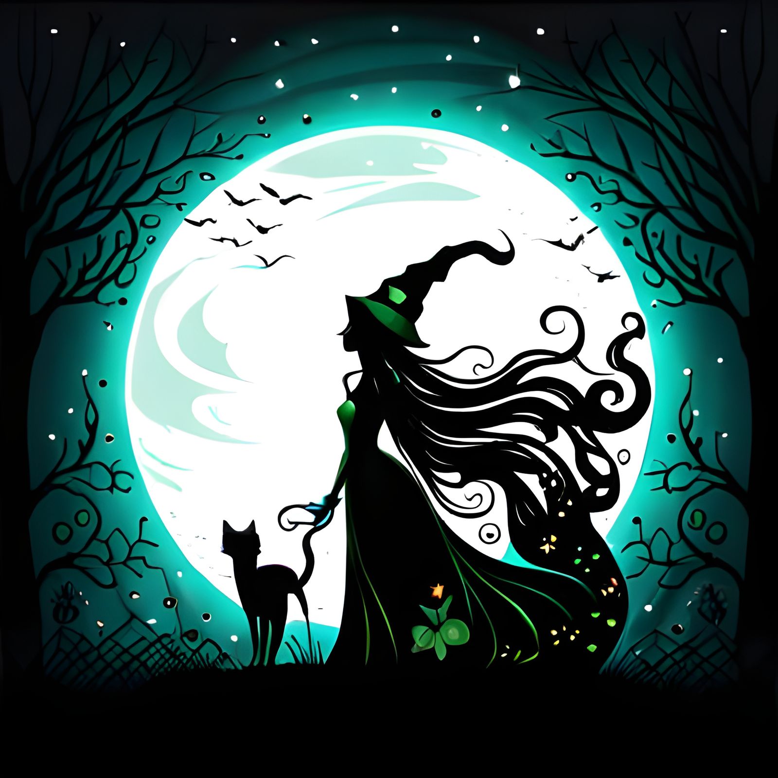 Fairytale Witch Silhouette with Black Cat