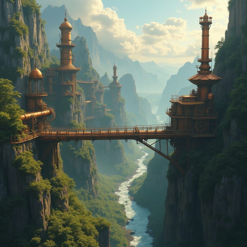 Steampunk Cityscape Amidst Majestic Mountain Valleys in Gold...