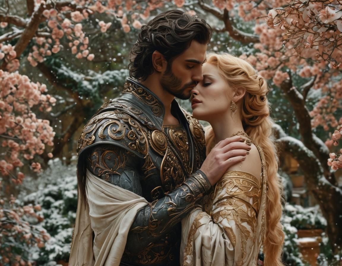 Persephone and Hades Embrace in Blooming Garden