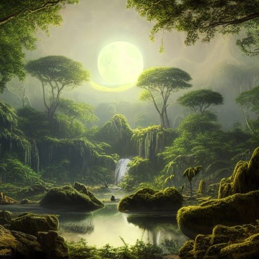 Glowing Jungle Reflecting Moon in Lagoon