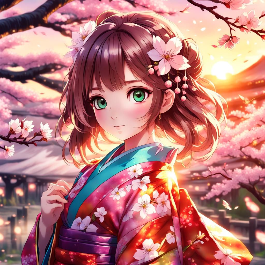 Anime Girl in Kimono with Cherry Blossoms