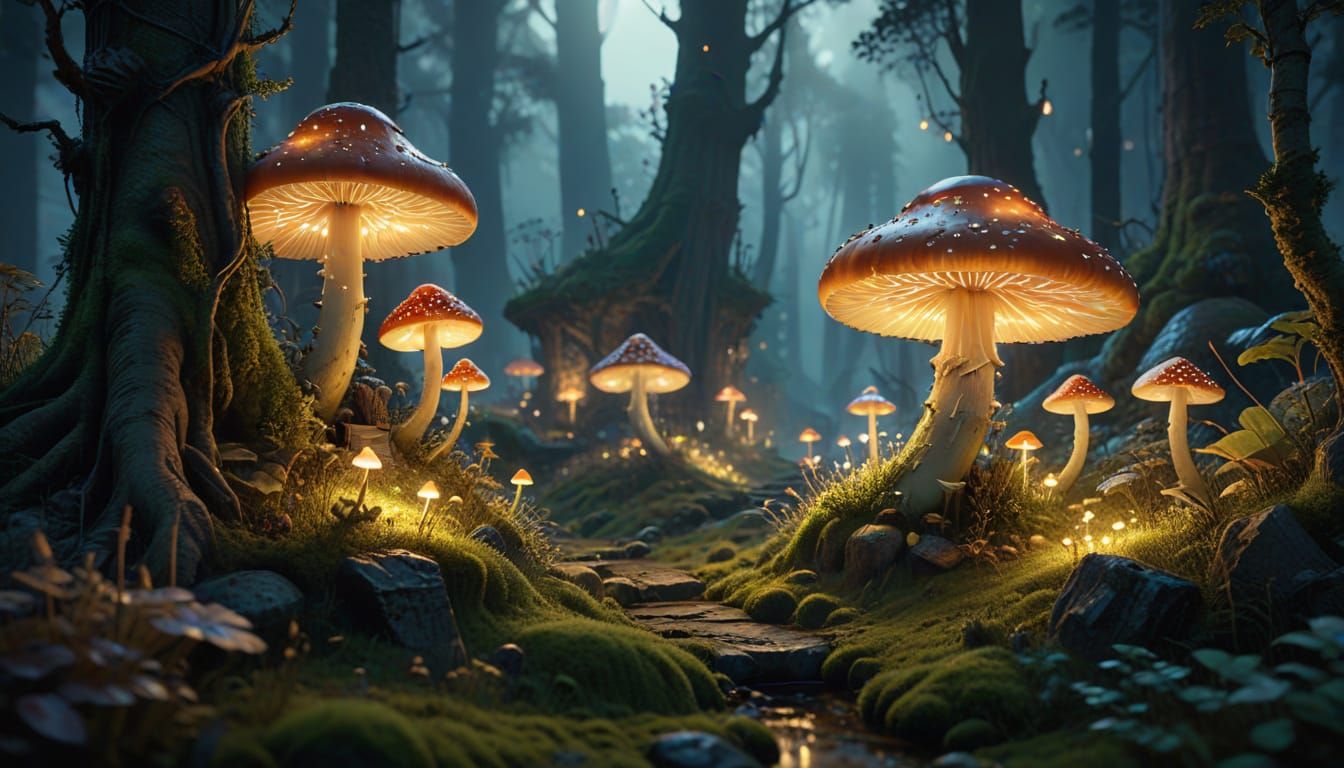 Ethereal Ancient Forest at Twilight with Luminous Mushrooms