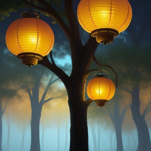Lanterns in Trees: Vibrant Oil Painting