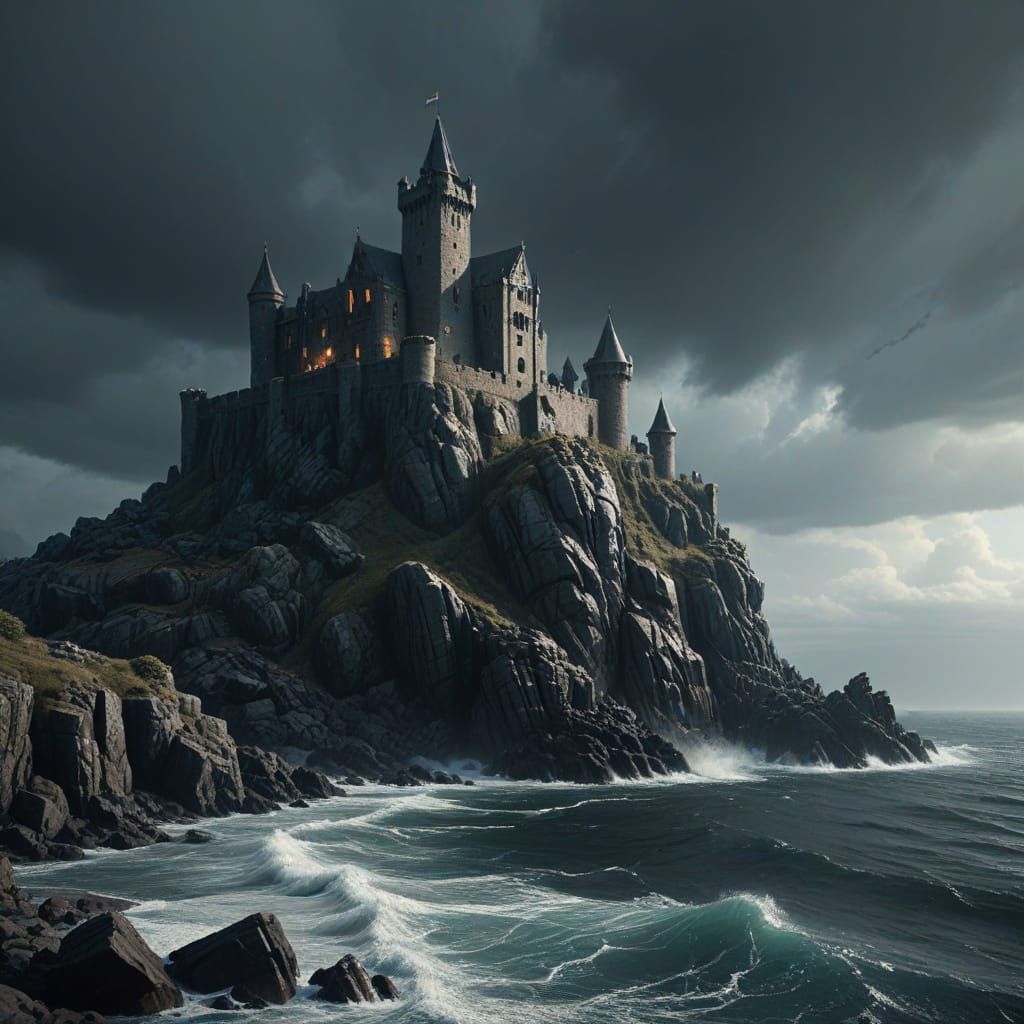 Medieval Castle on Rocky Promontory Overlooking Dark Sea