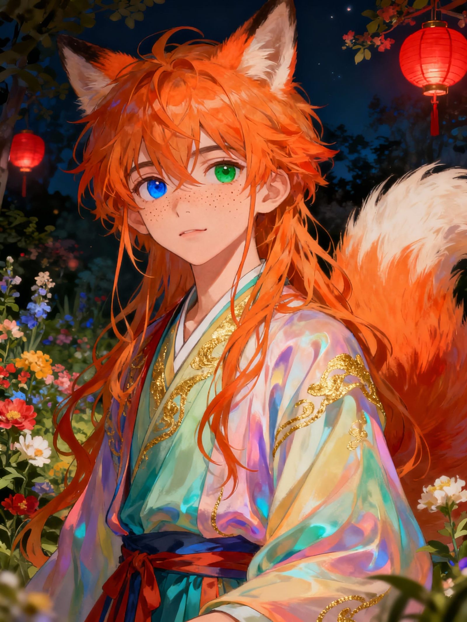 Cute Teenager with Fluffy Fox Tail in Embroidered Hanfu