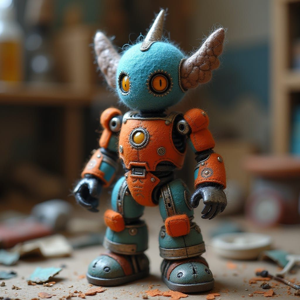 Felt Mecha Minifigure in Messy Attic
