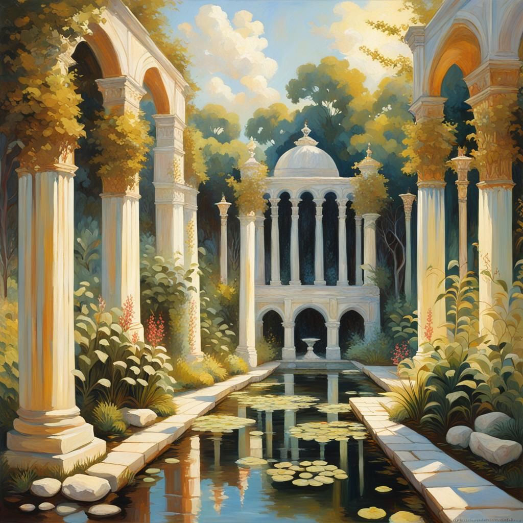 Ethereal Gothic Roman Garden in Sunlight