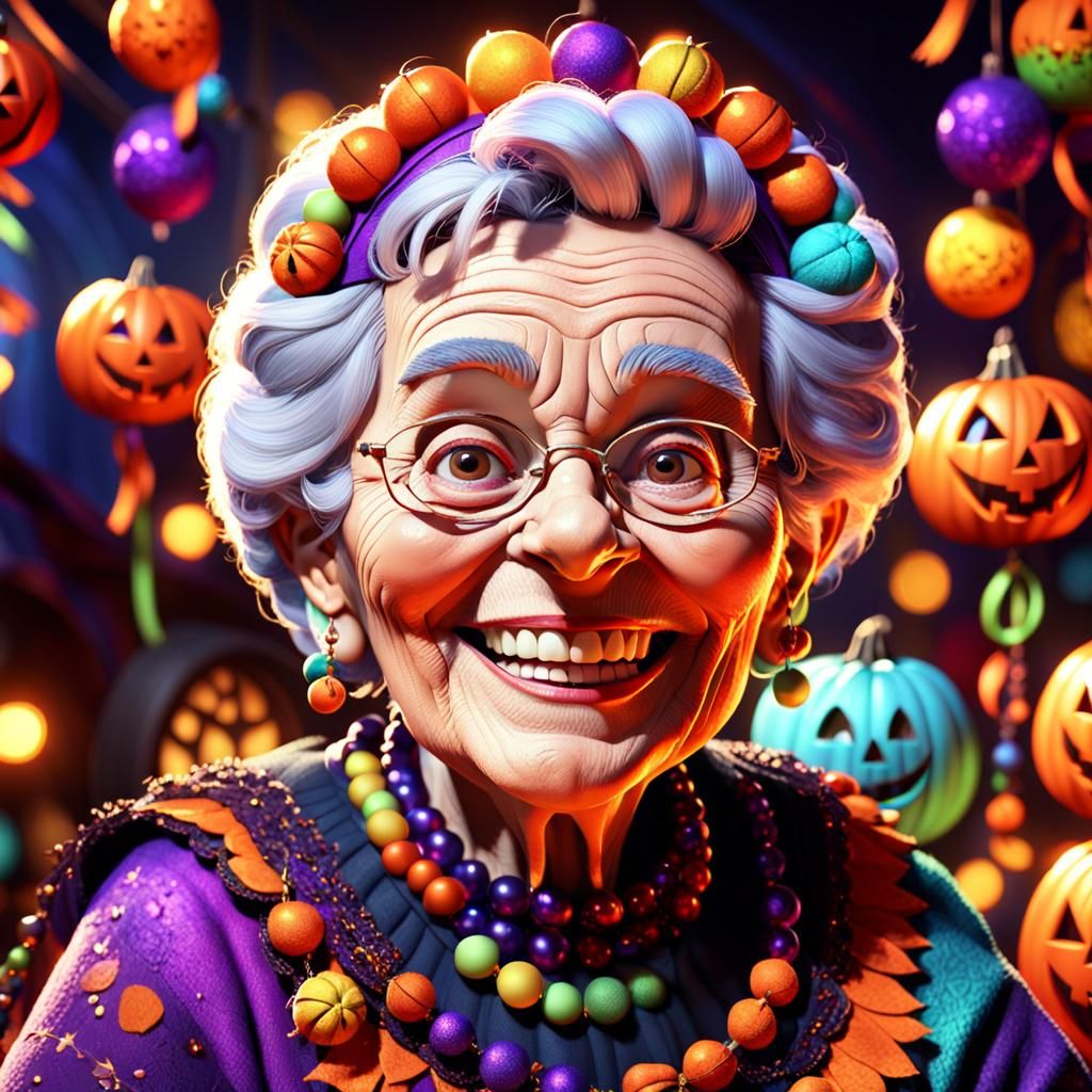 Granny in Halloween Costume: Pixar-Style 3D Portrait