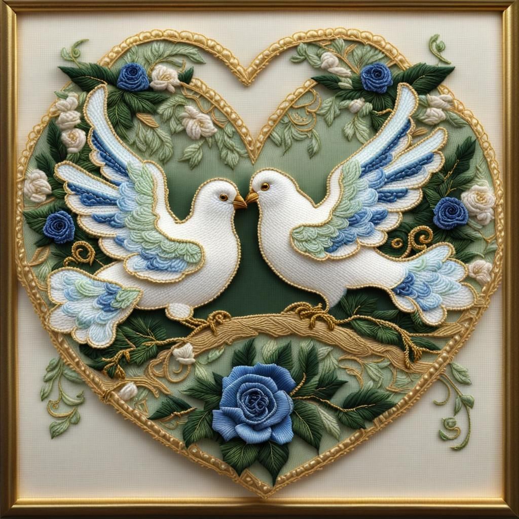 Iridescent Doves in Embroidery Stumpwork Style