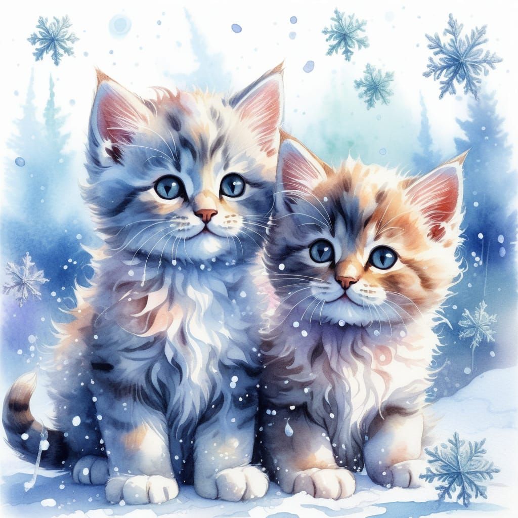 Watercolor Kittens Play in Winter Wonderland