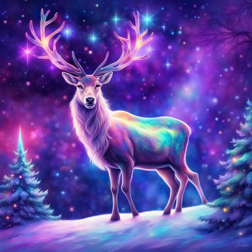 Reindeer with Ultraviolet Eyes Under Aurora