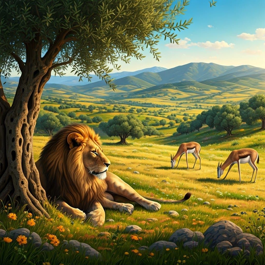 Majestic Asiatic Lion Amidst Ancient Olive Groves and Wildfl...
