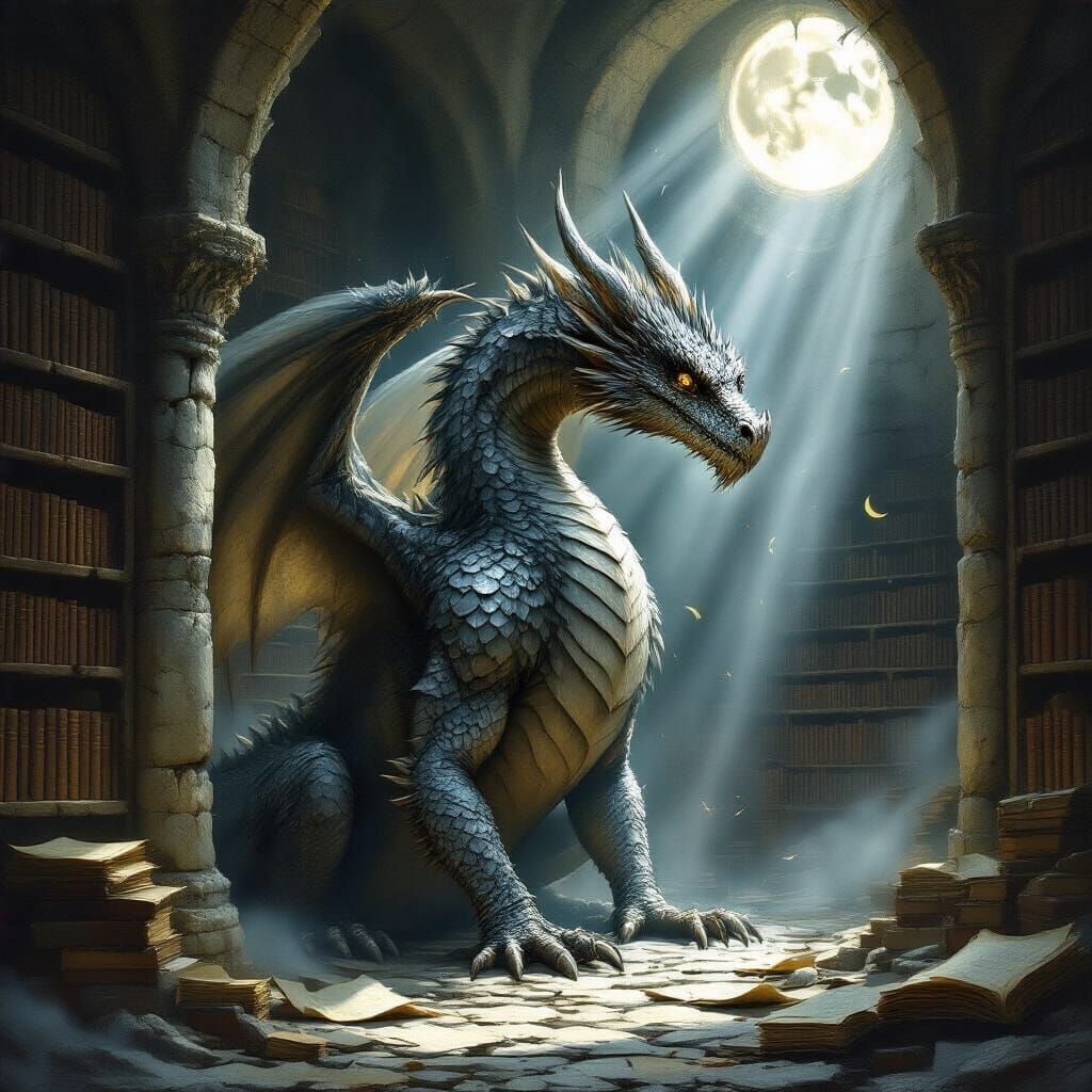 Ancient Dragon Guards Forbidden Library in Dark Fantasy Styl...