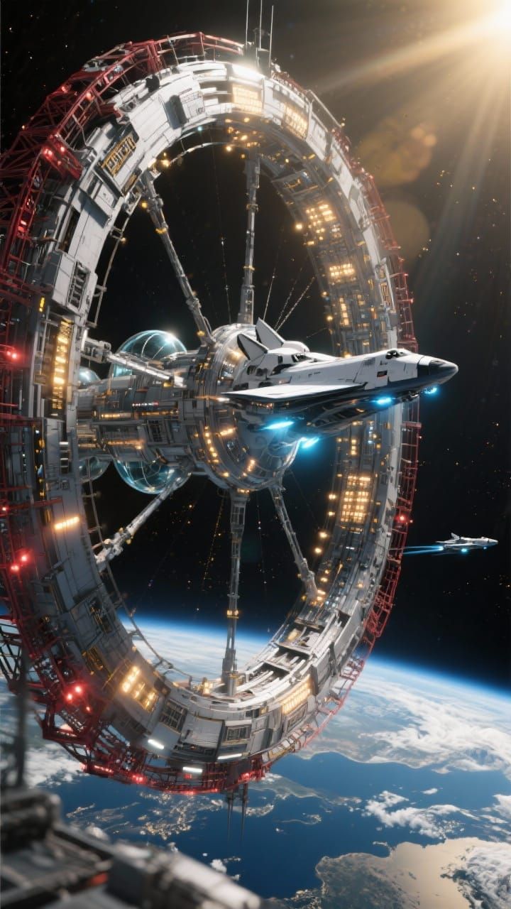 Colossal Futuristic Space Station Orbiting Earth in Hyperrea...