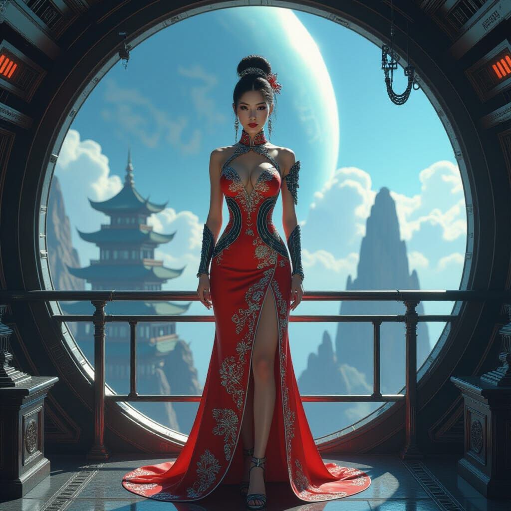 Cybernetic Asian Woman on Interstellar Vessel