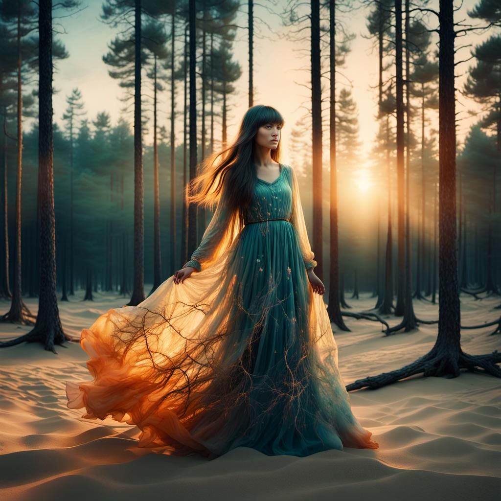 Woman in Psychedelic Landscape with Golden Hour Glow
