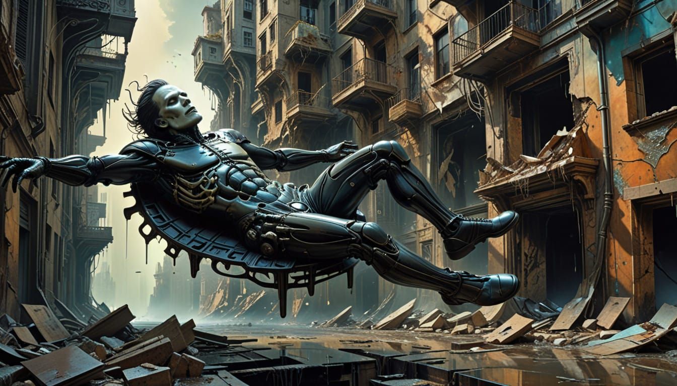 Surreal Scene of Weightless Figures amidst Melting Cityscape