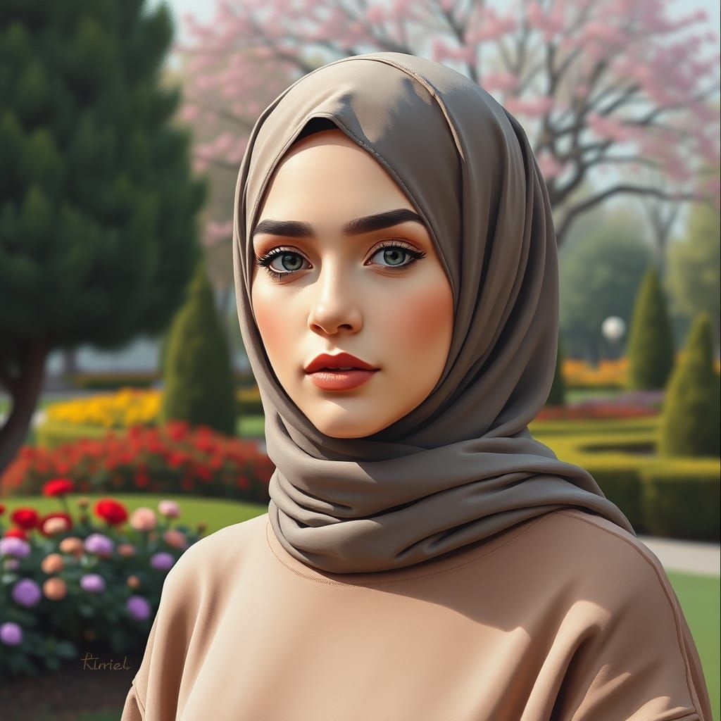 Minimalist Oil Painting: Woman in Hijab in Garden