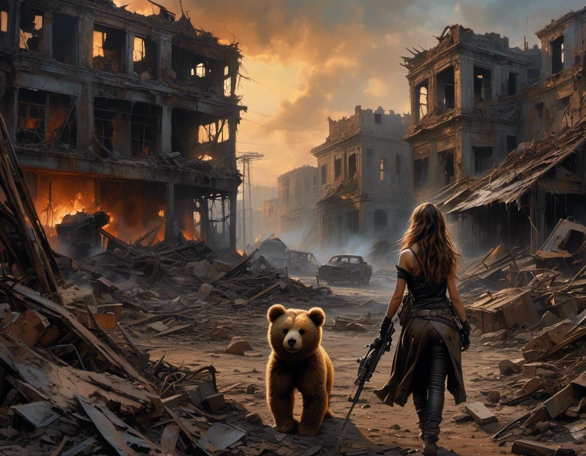 Soot-Covered Woman Mourns in Post-Apocalyptic City