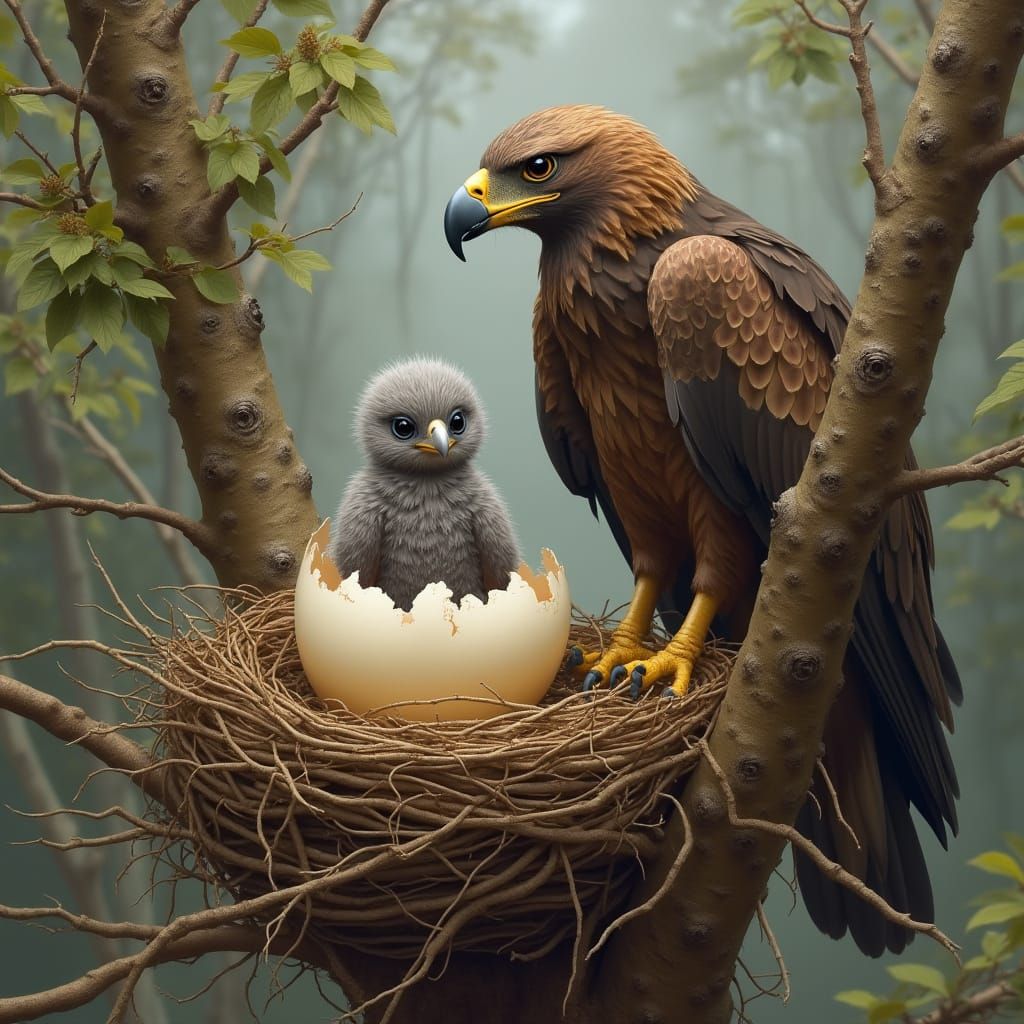 Baby Eagle Hatching in Nest, Realistic Wildlife Art