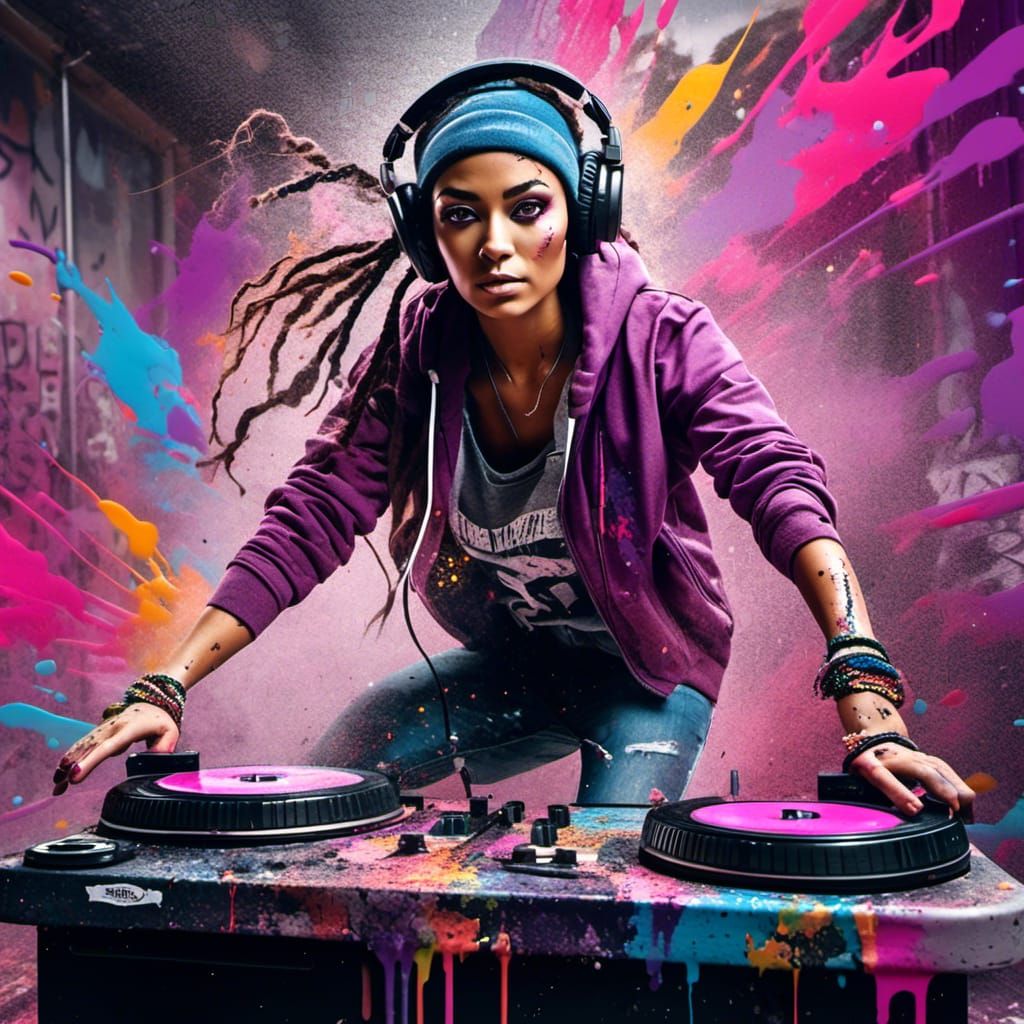 Energetic DJ Performance in Vibrant Graffiti Art Style