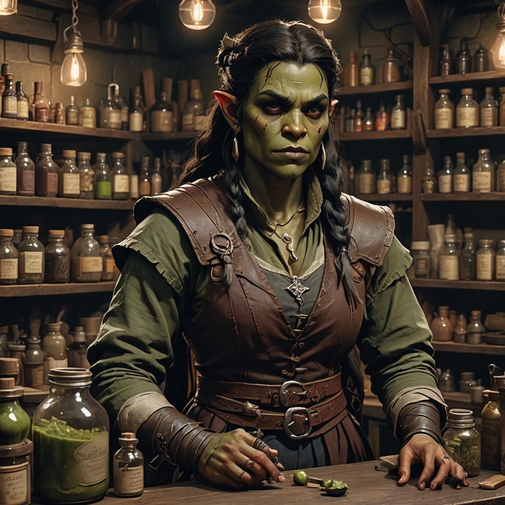 Half-Orc Adventurer Jenasam Behind Counters of Epic Supplies