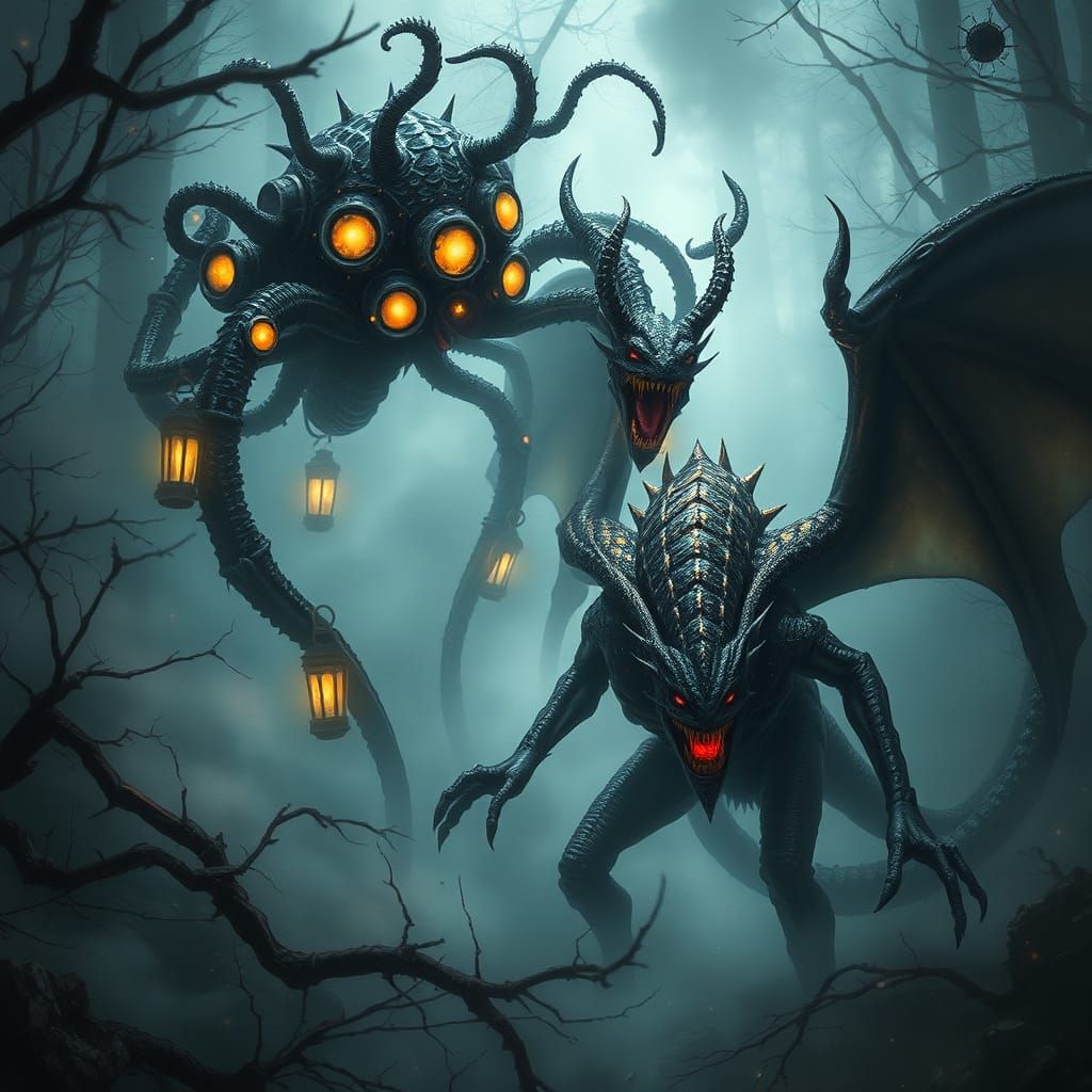 Beholder and Wyvern Engage in a Fierce Forest Duel