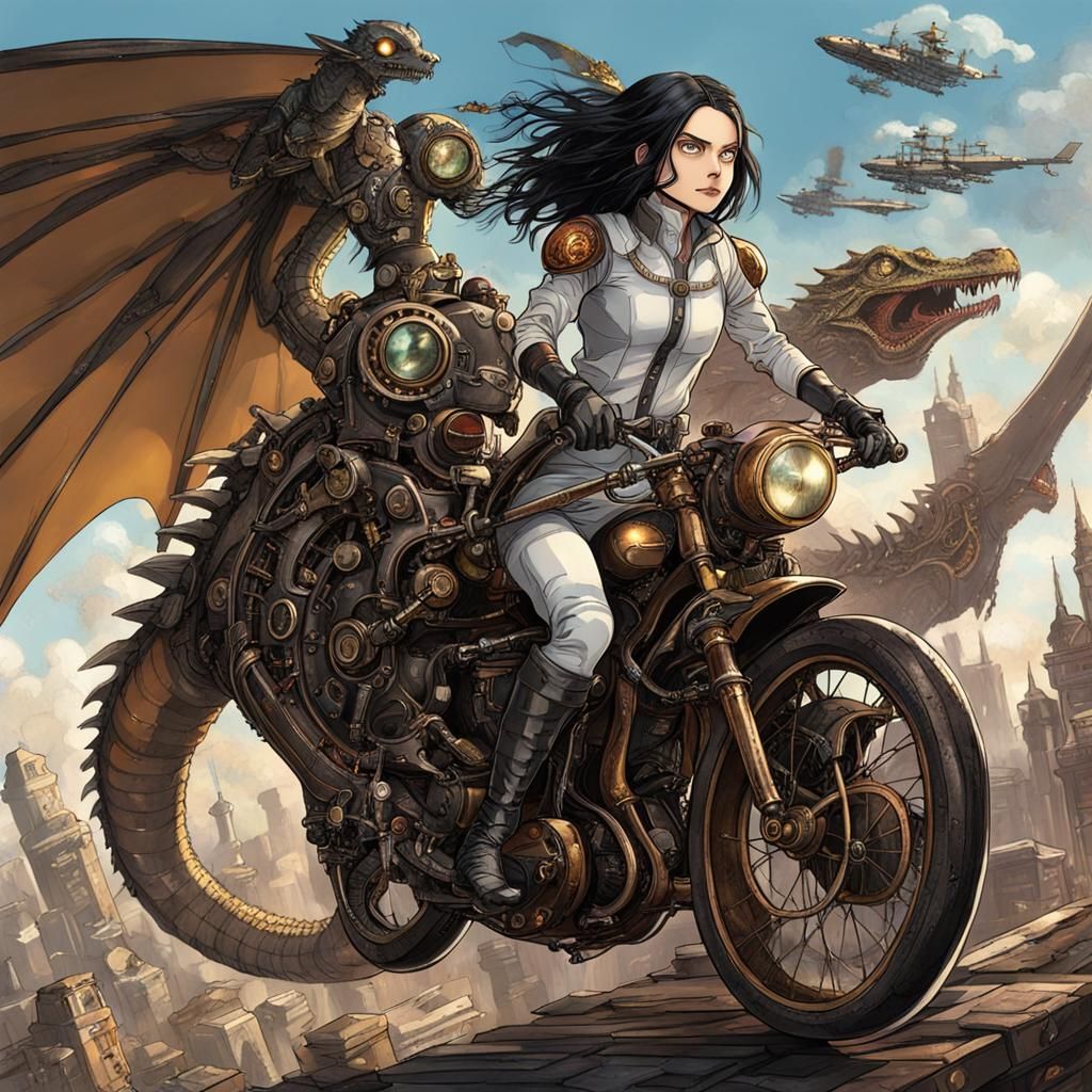 Steampunk Alita Battle Angel Riding a Dragon