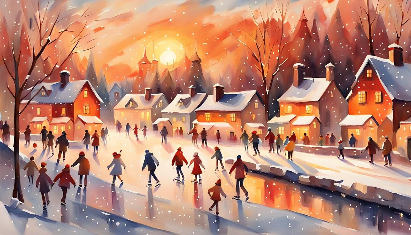 Idyllic Winter Village Scene in Impressionist Style