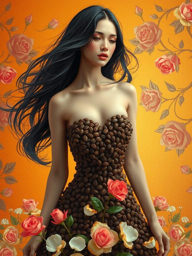 Ethereal Woman in Whimsical Coffee Landscape