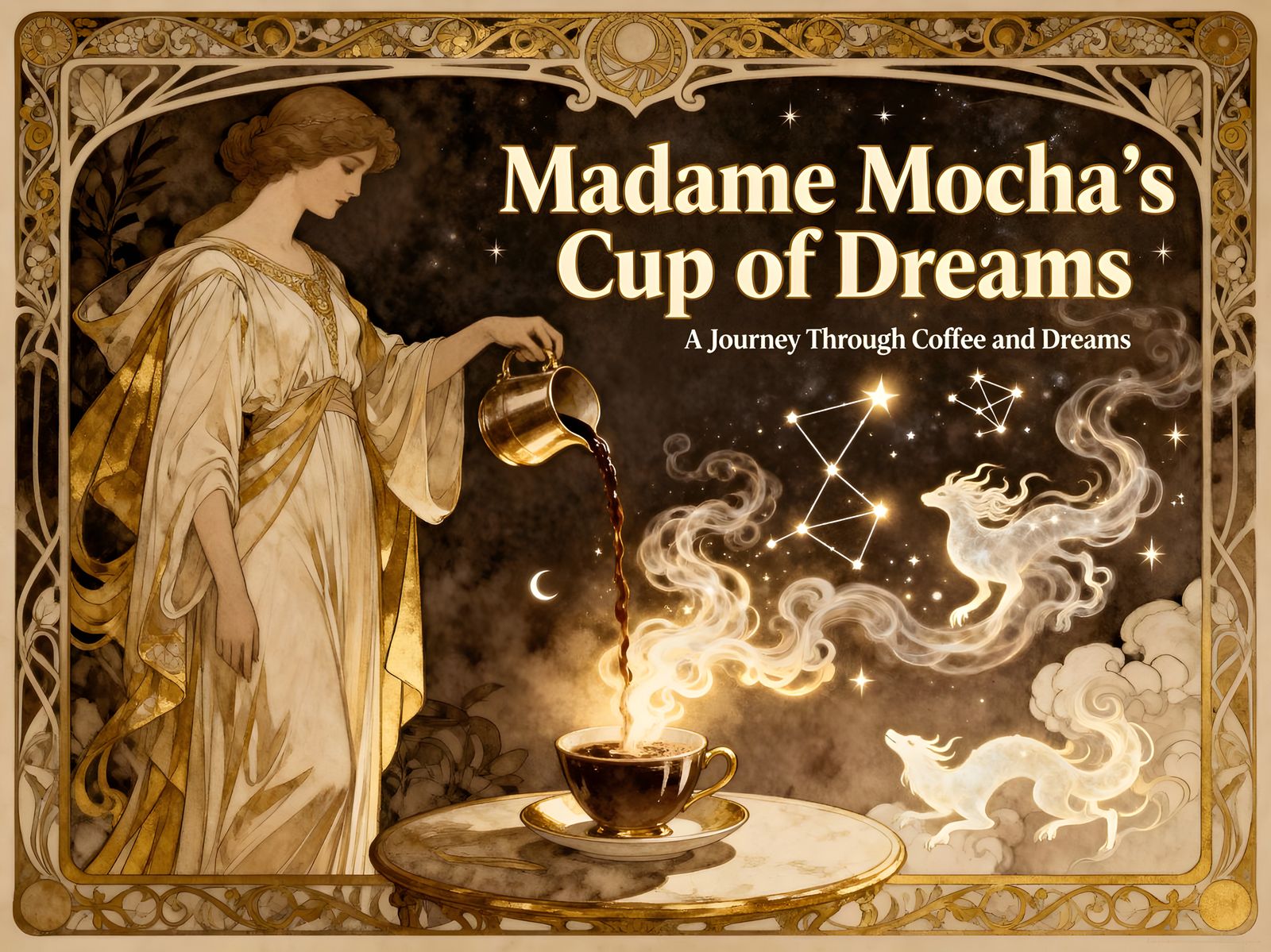 Art Nouveau Coffee Dream Poster with Constellations