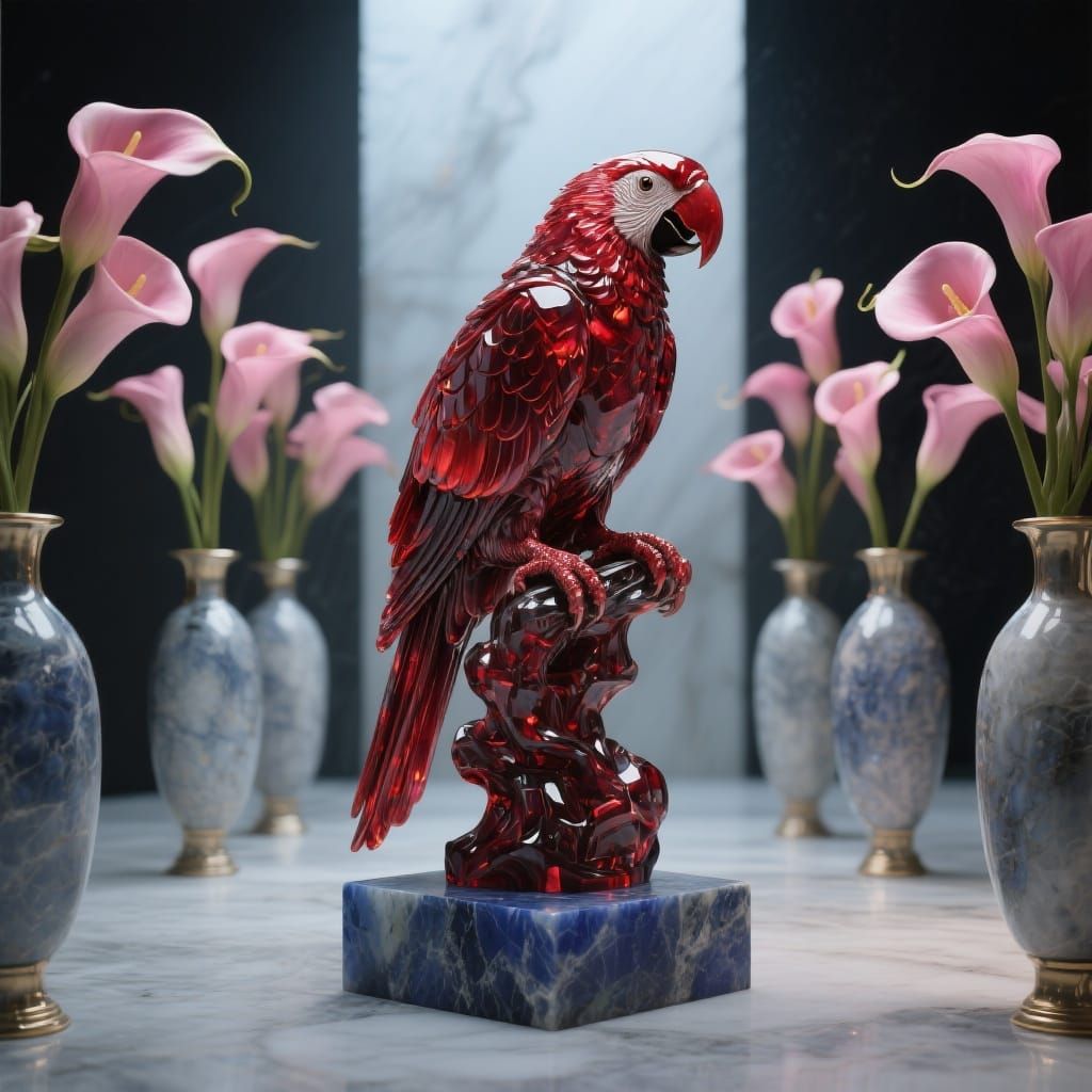 Scarlet Macaw Sculpture on Sodalite Pedestal with Calla Lili...