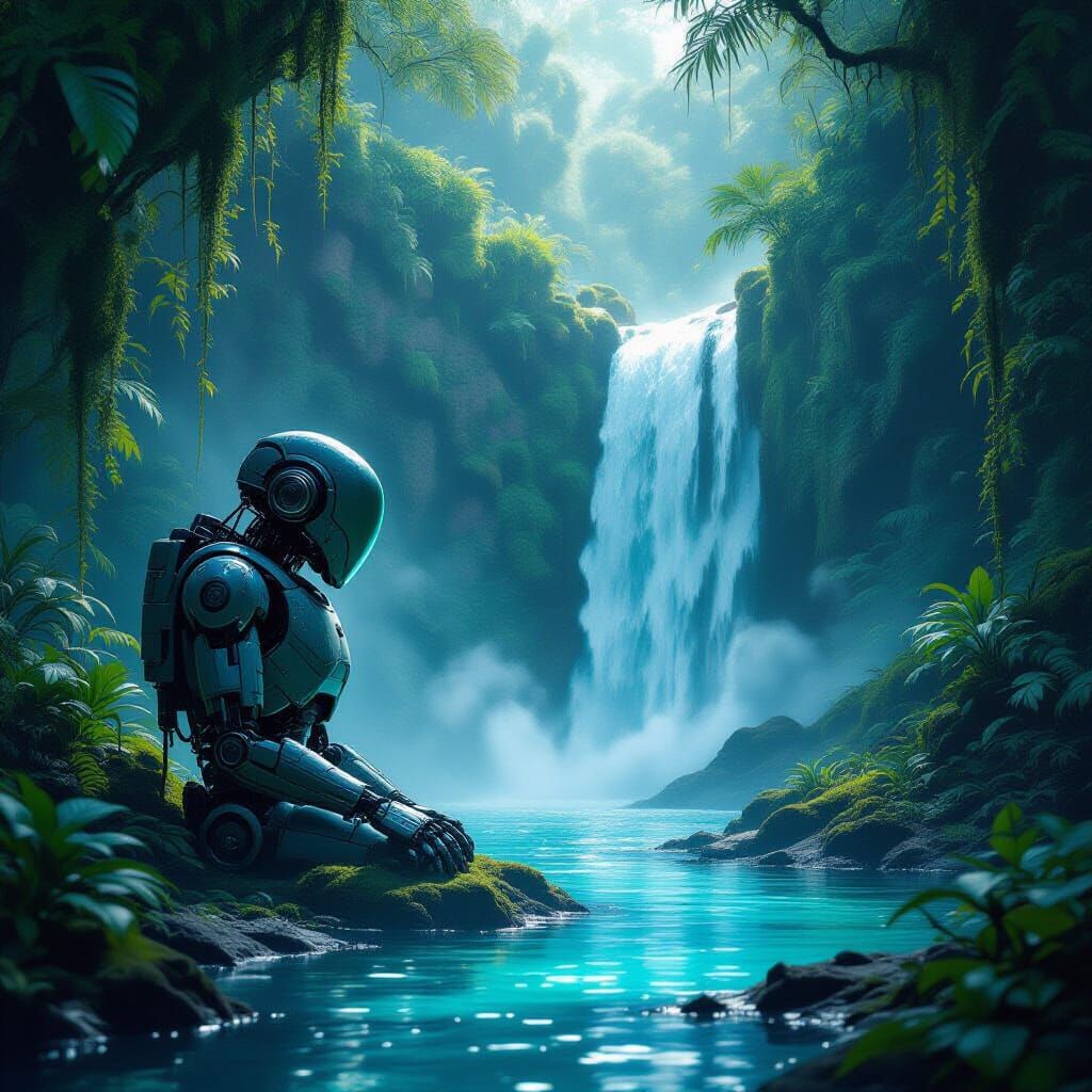 Ancient Robot by Waterfall in Alien Jungle