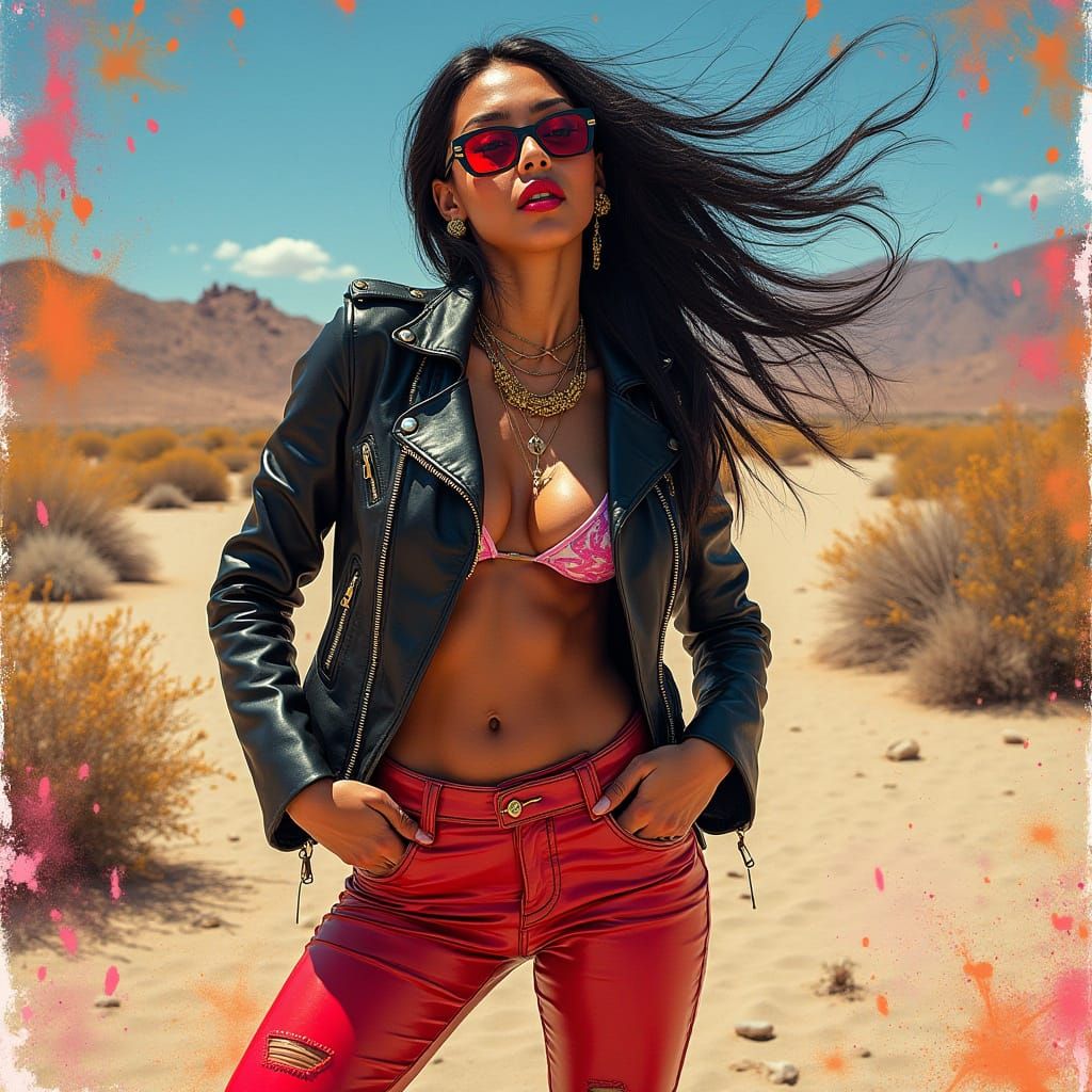Vibrant Exotic Dancer in Bold Graffiti Desert Landscape