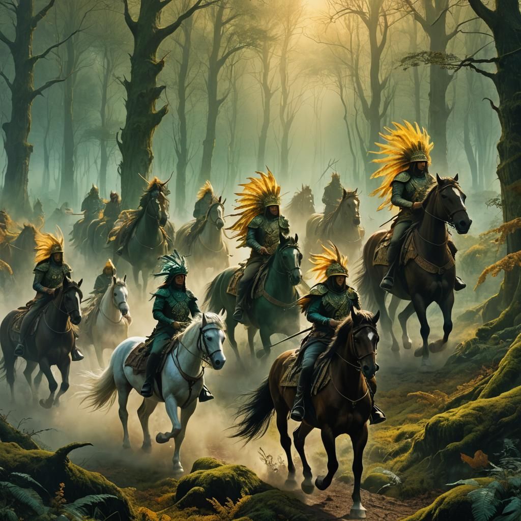 Horseback Riders in Mystical Forest, Surreal Matte Painting