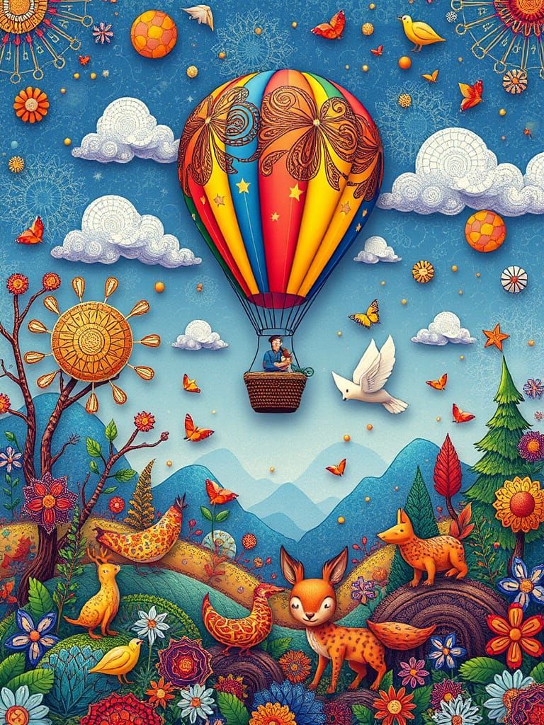 Hot Air Balloon Soaring Above Whimsical Woodlands