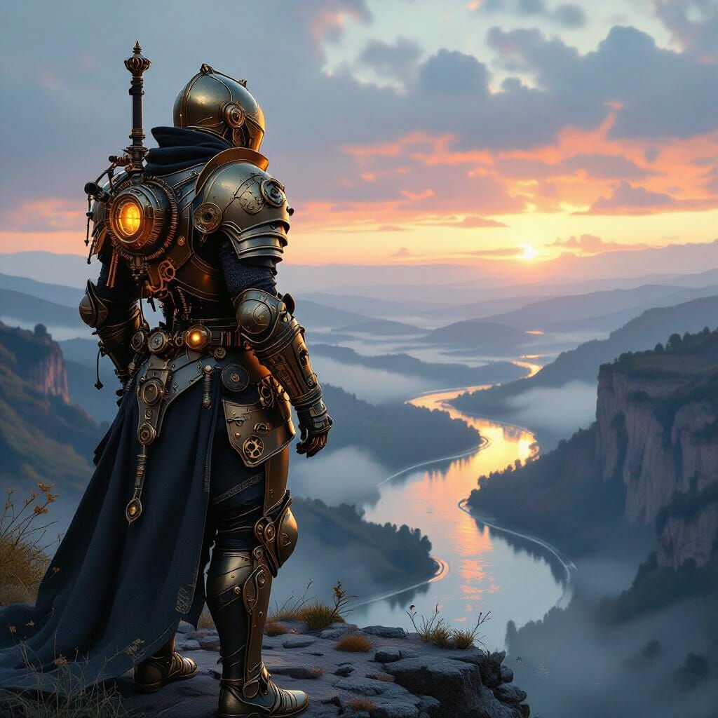 Steampunk Knight on Cliff Overlooking Misty Valley