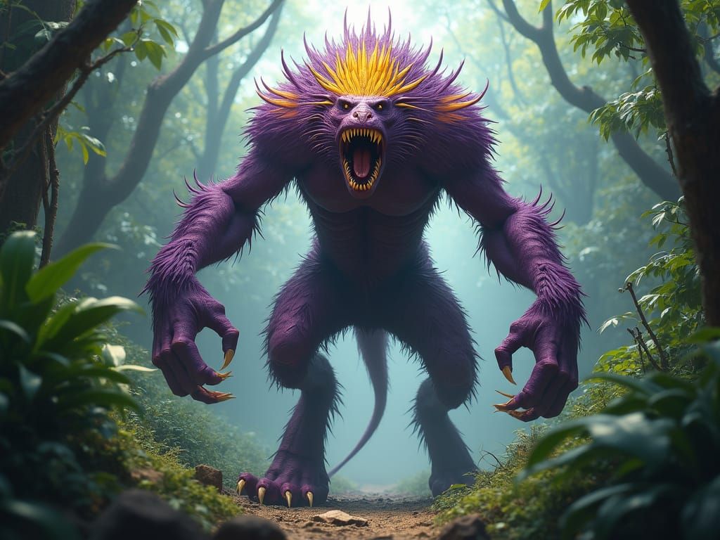 Imposing Bipedal Creature in Misty Jungle, Dark Fantasy Styl...