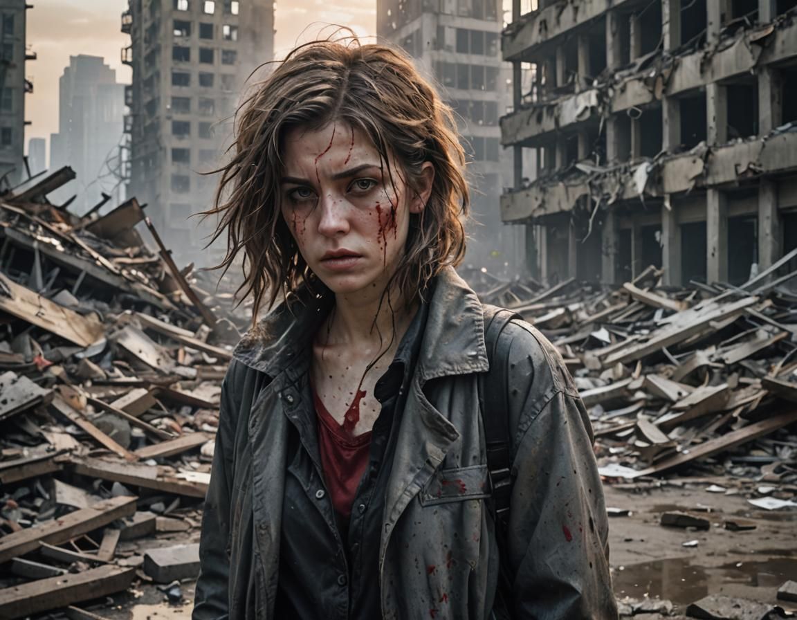 Post-Apocalyptic Woman in Ruined Cityscape