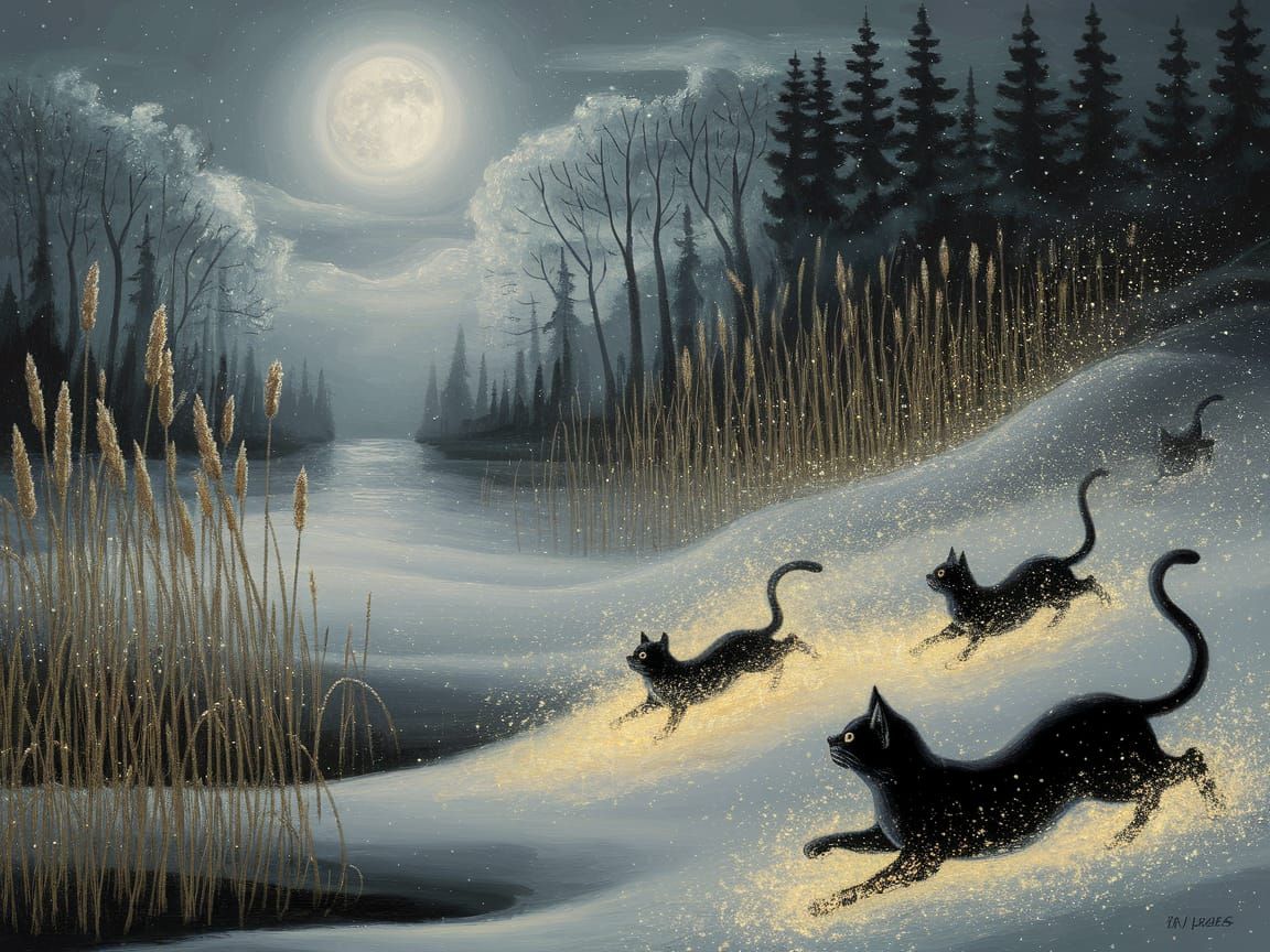 Ethereal Moonlit Forest: Cats in a Nocturne Painting