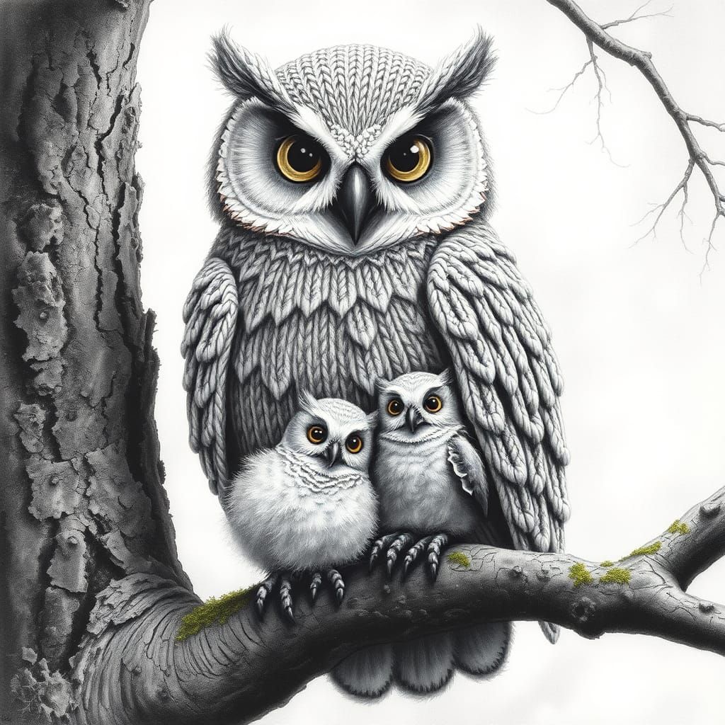 Knitted Owl and Owlet in Hyperdetailed Charcoal